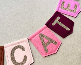 Personalized Wool Felt Name Bunting: Glitter Letters, Kids Room Decor