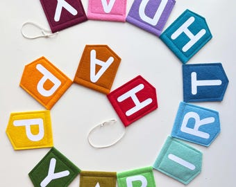 Multi Coloured Happy Birthday Garland: Reusable Felt Birthday Decorations