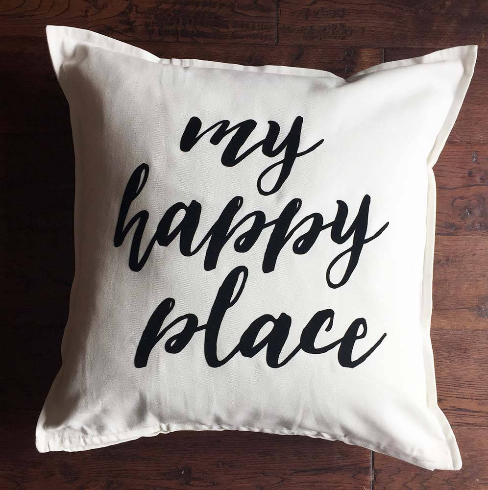 My Happy Place typography cushion Ivory and Black 20 x