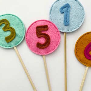 May include: Five colorful felt circles with numbers 1, 3, 5, and 6 on wooden sticks. The circles are in shades of blue, green, pink, and orange.