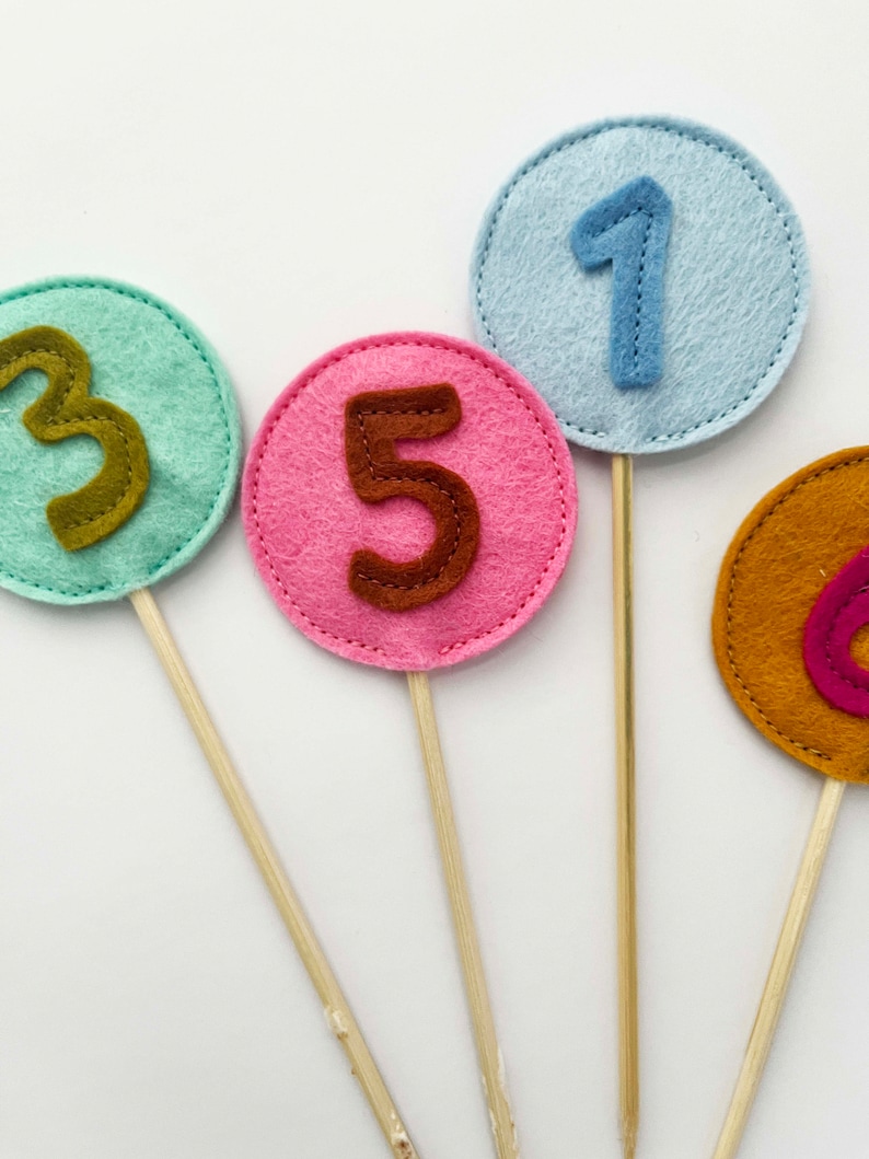May include: Five colorful felt circles with numbers 1, 3, 5, and 6 on wooden sticks. The circles are in shades of blue, green, pink, and orange.