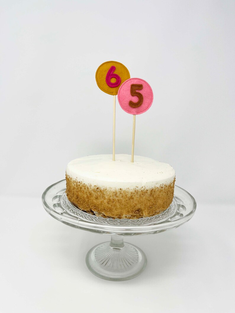 May include: A white cake with brown sprinkles on a glass cake stand. The cake is decorated with two felt numbers, a pink "5" and a yellow "6".