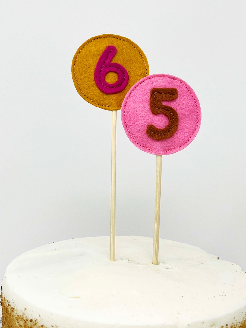 May include: Two felt cake toppers, one with the number 6 in pink on a gold circle and the other with the number 5 in brown on a pink circle.
