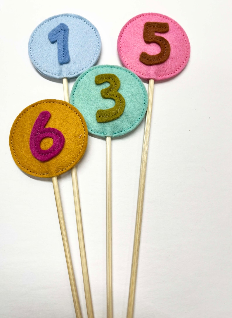 May include: Four felt circles with numbers 1, 3, 5, and 6 on wooden sticks. The circles are in blue, green, pink, and yellow.
