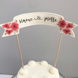 Custom Name Wedding Cake Topper, Felt Wedding Decor, Wedding Cake Felt Topper, Hand Embroidered Felt Flower, Felt Flower Wedding Decor image 1