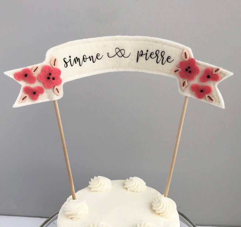 Custom Name Wedding Cake Topper, Felt Wedding Decor, Wedding Cake Felt Topper, Hand Embroidered Felt Flower, Felt Flower Wedding Decor image 1