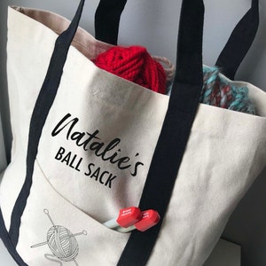 Personalised Ball Sack - Knitting Tote - Heavy Canvas Bag with Pocket and Velcro Closure - Mothers Day Gift - Gift for Yarn Lover