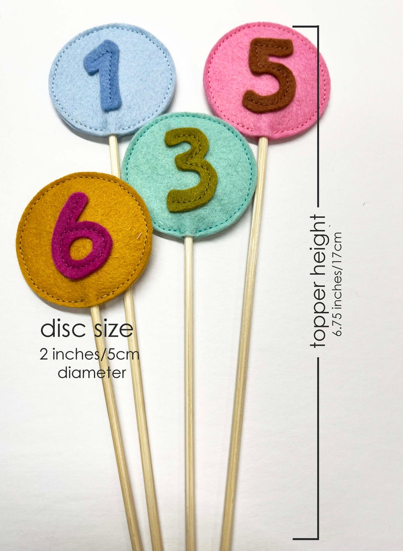 May include: Four felt cake toppers with numbers 1, 3, 5, and 6. The numbers are in different colors and are attached to wooden sticks. The toppers are 6.75 inches tall and the discs are 2 inches in diameter.
