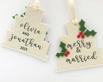 Merry and Married Felt Ornament - Newlywed Christmas Ornament - Custom Name First Christmas Married Ornament - Felt Holly Ornament