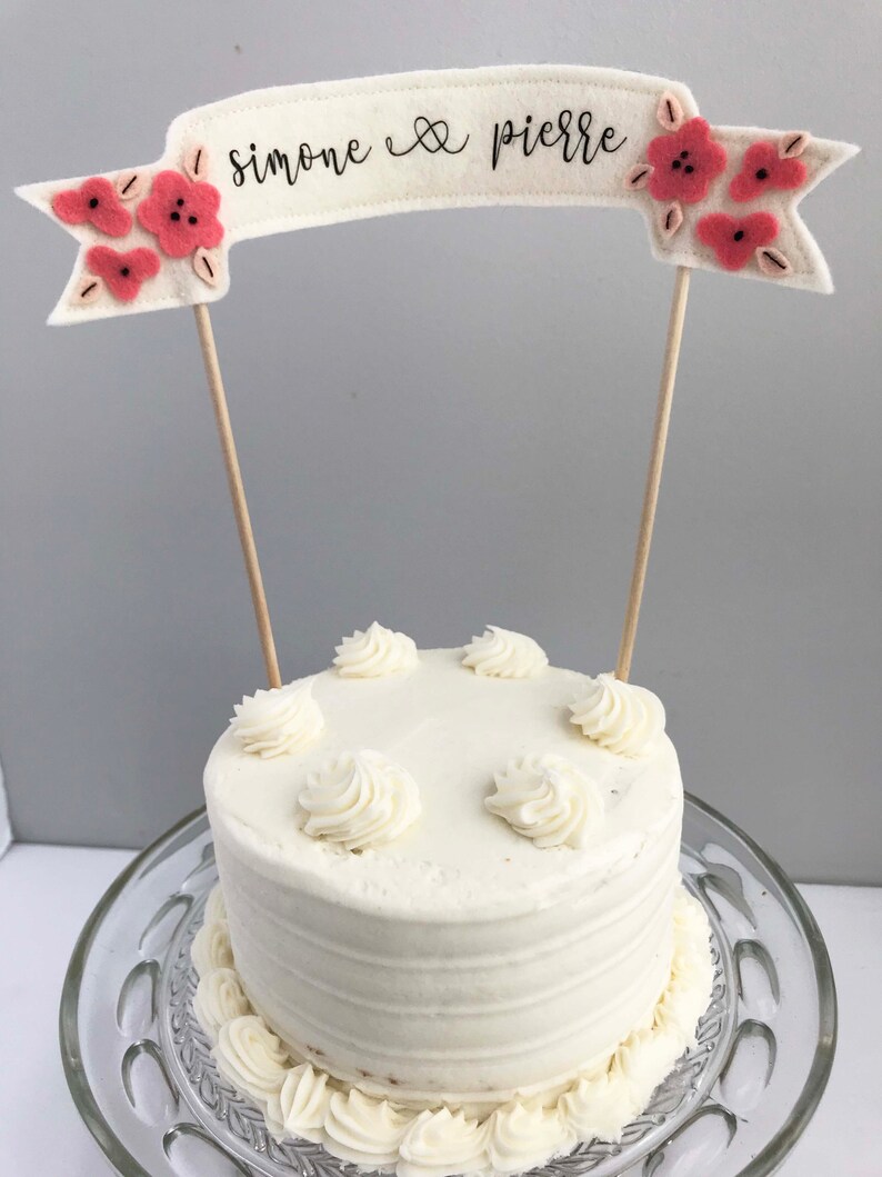 Custom Name Wedding Cake Topper, Felt Wedding Decor, Wedding Cake Felt Topper, Hand Embroidered Felt Flower, Felt Flower Wedding Decor image 3