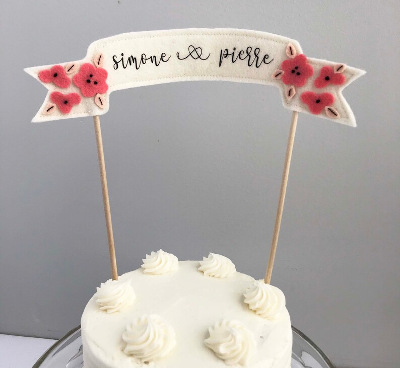 Custom Name Wedding Cake Topper, Felt Wedding Decor, Wedding Cake Felt Topper, Hand Embroidered Felt Flower, Felt Flower Wedding Decor image 4