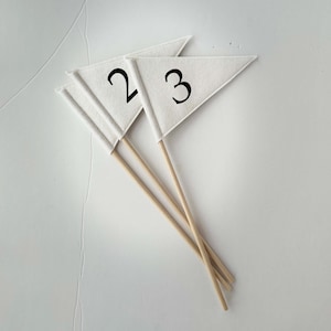 May include: Three white felt flags with wooden sticks, each flag has a black number printed on it, the numbers are 1, 2, and 3.