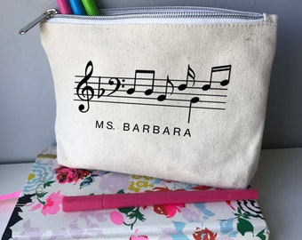 Custom Music Teacher zipper pouch - Music Notes Zipper Bag - personalized makeup bag - Custom pencil case - Gift for music teacher