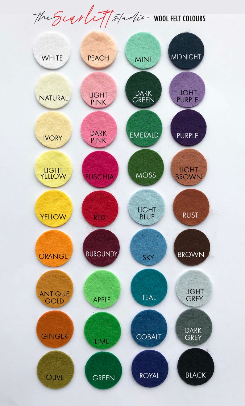 May include: Wool felt color chart with 24 different colors, including white, peach, mint, midnight, natural, light pink, dark green, light purple, ivory, dark pink, emerald, purple, light yellow, fuchsia, moss, light brown, yellow, red, light blue, rust, orange, burgundy, sky, brown, antique gold, apple, teal, light grey, ginger, lime, cobalt, dark grey, olive, green, royal, and black.