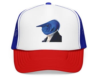 Azurefin Vanguard Blue Unicorfish Portrait Trucker Hat | Surreal Animal Art Cap