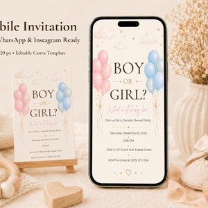 May include: A mobile invitation template for a gender reveal party displayed on a smartphone screen and a small card. The design features pink and blue balloons, clouds, stars, and the text Boy or Girl? What will baby be? with event details.