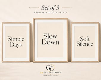 Juego de 3 láminas con frases minimalistas, arte mural nórdico imprimible, Días sencillos, desacelerar, silencio suave, póster tipográfico beige, descarga instantánea.