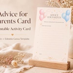 May include: A rectangular advice for parents card featuring the text Advice for Parents, Share your best advice for the parents-to-be, Dear Mom and Dad, and Love. The card displays pink and blue balloon illustrations, clouds, and stars.