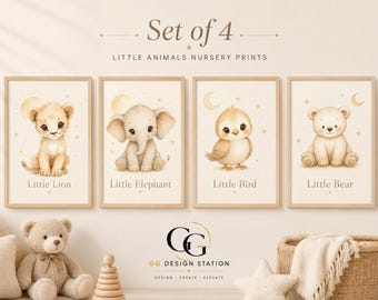 Juego de 4 láminas infantiles con estampado de animales, arte mural en acuarela celestial, pequeño león, elefante, pájaro, oso, decoración neutra para habitación de bebé, descarga instantánea.