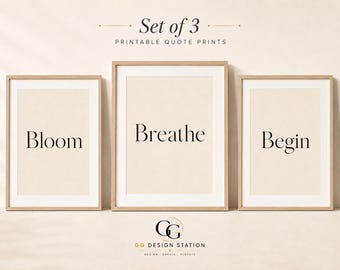 Juego de 3 láminas "Bloom Breathe Begin", arte mural minimalista motivacional, póster nórdico imprimible, decoración tipográfica beige, descarga instantánea.