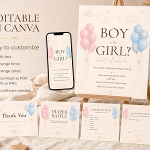 May include: A gender reveal party stationery set featuring a large sign, a smartphone display, and four cards. The designs include pink and blue balloon clusters, gold stars, and clouds with the text Boy or Girl? What will baby be? printed.