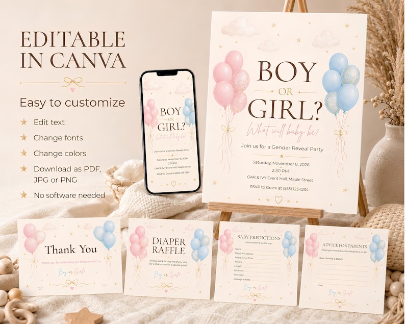 May include: A gender reveal party stationery set featuring a large sign, a smartphone display, and four cards. The designs include pink and blue balloon clusters, gold stars, and clouds with the text Boy or Girl? What will baby be? printed.