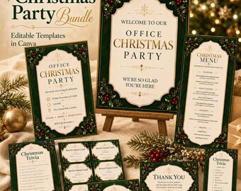 Office Christmas Party Printable Bundle | Editable Canva Template | Christmas Invitation, Welcome Sign, Menu, Trivia, Secret Santa Cards