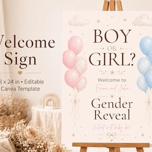 May include: A rectangular gender reveal welcome sign measuring 18 x 24 inches. The sign features the text BOY OR GIRL?, Welcome to Emma and John, Gender Reveal, and What will baby be? It is decorated with pink and blue balloons and clouds.