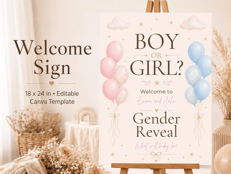 May include: A rectangular gender reveal welcome sign measuring 18 x 24 inches. The sign features the text BOY OR GIRL?, Welcome to Emma and John, Gender Reveal, and What will baby be? It is decorated with pink and blue balloons and clouds.