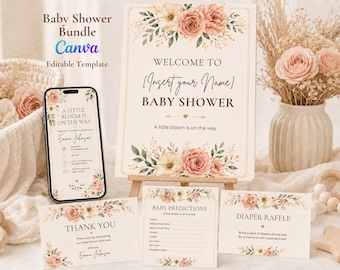 Baby in Bloom Baby Shower Bundle Editable Canva Template Floral Baby Shower Invitation Printable Games Welcome Sign