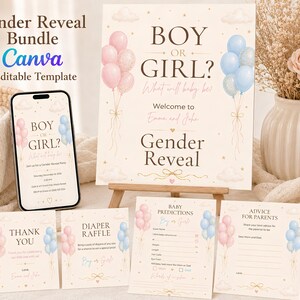 May include: A gender reveal party stationery bundle featuring a large sign, a smartphone displaying an invitation, and cards for diaper raffle, baby predictions, and advice. The design includes pink and blue balloons, clouds, and gold text.
