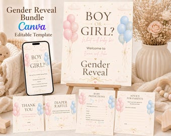 Paquete para revelar el sexo del bebé: Plantilla editable de Canva, invitación para niño o niña, juegos imprimibles, cartel de bienvenida, rifa de pañales, tarjeta de consejos sobre predicciones del bebé.