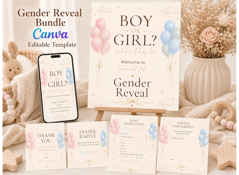 May include: A gender reveal party stationery bundle featuring a large sign, a smartphone displaying an invitation, and cards for diaper raffle, baby predictions, and advice. The design includes pink and blue balloons, clouds, and gold text.
