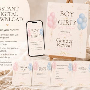 Gender Reveal Bundle Editable Canva Template Boy or Girl Invitation Printable Games Welcome Sign Diaper Raffle Baby Predictions Advice Card image 3
