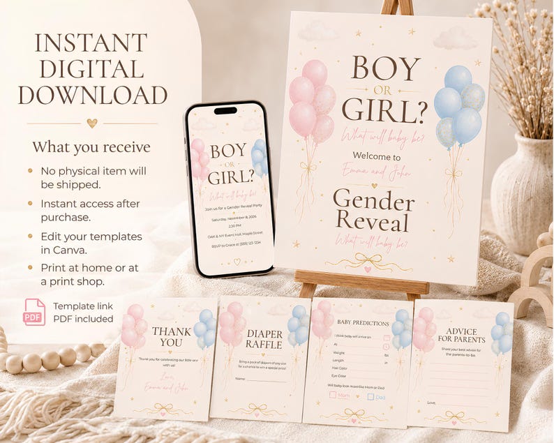 Gender Reveal Bundle Editable Canva Template Boy or Girl Invitation Printable Games Welcome Sign Diaper Raffle Baby Predictions Advice Card image 3