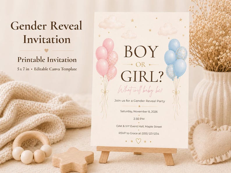 May include: A 5 x 7 inch gender reveal invitation template featuring pink and blue balloons, clouds, and stars. The text reads: BOY OR GIRL? What will baby be? Join us for a Gender Reveal Party, Saturday, November 8, 2026, 2:30 PM, OAK & IVY Event Hall, Maple Street, RSVP to Grace at (555) 123-1234.