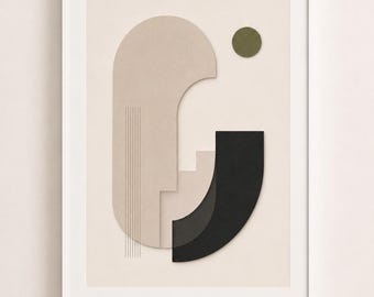 Estampado abstracto geométrico neutro, arte mural imprimible, descarga digital minimalista, póster beige y negro, decoración del hogar Japandi