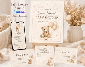 We Can Bearly Wait Baby Shower Bundle, Teddy Bear Baby Shower Invitation, Editable Canva Template, Neutral Baby Shower Printable Set