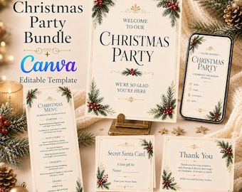 Paquete imprimible para fiesta de Navidad, plantilla editable de Canva, invitación navideña, menú navideño, cartel de bienvenida, juego de preguntas y respuestas, tarjetas de amigo invisible.