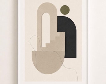 Lámina abstracta color verde oliva neutro, arte mural imprimible, descarga digital minimalista, póster beige y negro, decoración japonesa para sala de estar.
