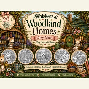 May include: A 20-page coloring pack titled Whiskers & Woodland Homes Cozy Mice Tiny Homes & Shops. The cover features a detailed illustration of mice in a forest setting with five circular black and white line art coloring page samples.