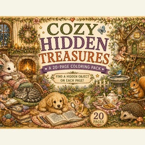 May include: A 20-page coloring pack titled COZY HIDDEN TREASURES featuring a detailed illustration of a rabbit, a puppy, a hedgehog, and fairies in a garden setting. The cover includes text stating FIND A HIDDEN OBJECT ON EACH PAGE.