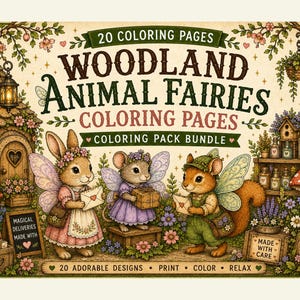 Op de afbeelding: Een digitaal kleurboekpakket getiteld Woodland Animal Fairies met 20 kleurplaten. De illustratie toont een konijn, muis en eekhoorn met feeënvleugels in een bosrijke omgeving met een feeënpost, paddenstoelen en lantaarns.