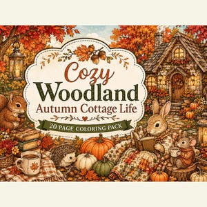 May include: A colouring book cover titled Cozy Woodland Autumn Cottage Life 20 Page Coloring Pack featuring a detailed illustration of a stone cottage, a squirrel, a rabbit reading a book, a hedgehog, and a mouse surrounded by pumpkins and autumn leaves.