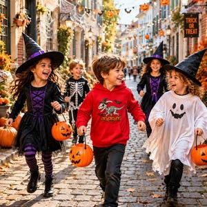 Puede incluir: Niños con disfraces de Halloween caminan por una calle empedrada. Un niño lleva un sombrero de bruja negro y vestido morado, otro una sudadera roja con un dinosaurio, y otro un disfraz de fantasma blanco. Llevan cubos de calabaza naranjas.