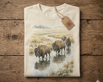 Bison River Watercolor Wildlife T-Shirt, Retro Western Nature Graphic Tee (PNG)