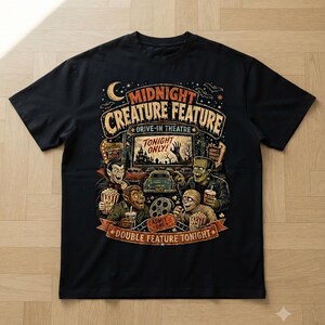 Puede incluir: Una camiseta negra con un gráfico colorido de una escena de autocine con monstruos, palomitas de maíz y el texto "MIDNIGHT CREATURE FEATURE DRIVE-IN THEATRE TONIGHT ONLY!" y "DOUBLE FEATURE TONIGHT" con un boleto "ADMIT ONE".