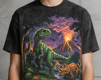 Camiseta vintage de dinosaurios, camiseta con estampado de la jungla prehistórica, ropa retro con estampado de T-Rex y motivos de la naturaleza.