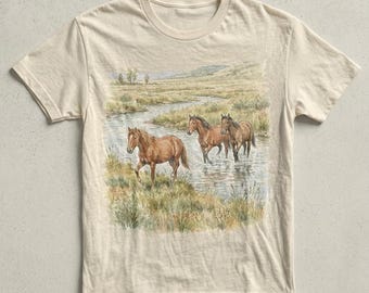 T-shirt med akvarellmotiv från Wild Horses, retro Western Wildlife Landscape-t-shirt - PNG