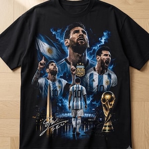 May include: A black short-sleeved t-shirt featuring a graphic print of Lionel Messi in an Argentina jersey, the AFA logo, the World Cup trophy, and the Argentine flag. The design includes blue lightning effects, a city skyline, and a signature.